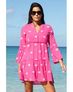 Aspiga Sustainable Cristina Embroidered Shell Kaftan Summer Holiday Beach Cover Up 100% Organic Cotton - Pink