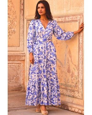 Aspiga Ethical Annie Hammered Satin Maxi Summer Wedding Guest Evening Dress Cream - Blue