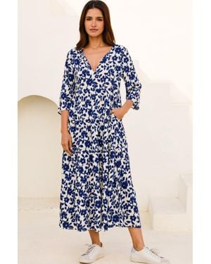 Aspiga Sustainable Emma Midi Dress Ecovero Summer Wedding Guest Floral Printed Cream - Blue