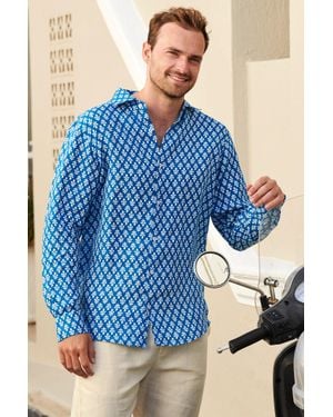 Aspiga Sustainable Premium Linen Printed Shirt Trident Pattern Summer Holiday Marina/ S-Xl - Blue