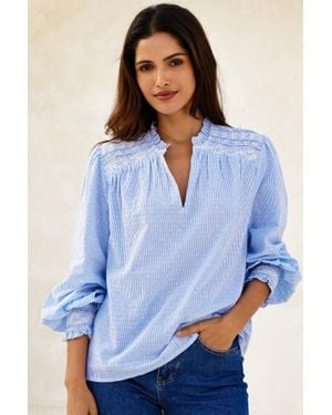 Aspiga Sustainable Smocked Stripe Dobby Blouse Summer Holiday 100% Organic Cotton - Blue