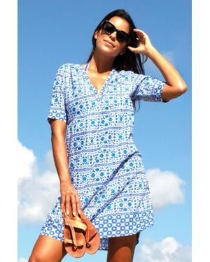 Aspiga Sustainable Santorini Cotton Dress Summer Holiday Printed Beach Cover Up - Blue