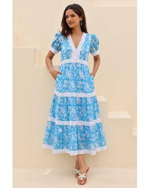 Aspiga Ladies Sustainable Enny Organic Cotton Short Sleeve Midi Wedding Guest Dress - Blue