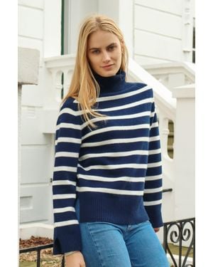 Aspiga Sustainable Blend Striped Roll Neck Jumper Summer Holiday 100% Cashmere - Blue