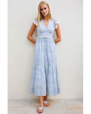Aspiga Sustainable Pippa Block Print Dress Summer Wedding Guest Occasion 100% Organic Cotton - Blue