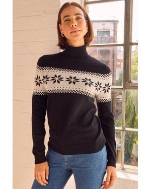 Aspiga Merino Wool Snowflake Fairisle Polo Neck Jumper - Black