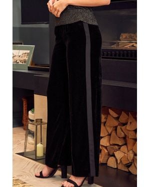 Aspiga Ladies Sustainable Viscose Velvet Side Stripe Wide Leg Trousers Elasticated Waistband - Black