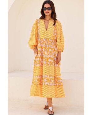 Aspiga Ladies Sustainable Martha Organic Cotton Mix Print Summer Dress Dianthus Print - Yellow
