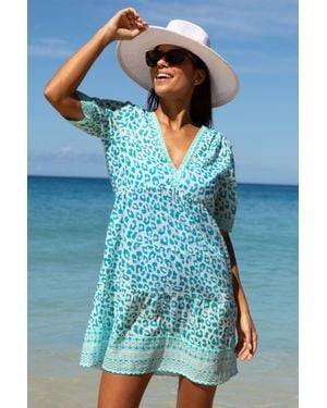 Aspiga Sustainable Santorini Cotton Kaftan Dress Summer Holiday Beach Cover Up Cheetah Printed Summer Holiday - Blue