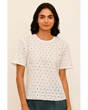 Aspiga Sustainable Broderie Short Sleeve Summer Blouse 100% Cotton - Natural