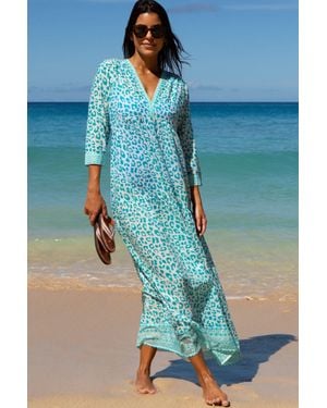 Aspiga Ladies Sustainable Mykonos Maxi Dress Organic Cotton Summer Holiday Beach Cover Up Cheetah - Blue