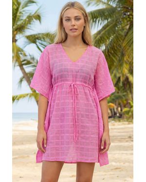 Aspiga Ethical Pom Pom Check Pareo Manilla Kaftan Beach Cover Up - Pink