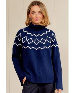 Aspiga Sustainable Cashmere Blend Geo Fairisle Roll Neck Jumper - Blue