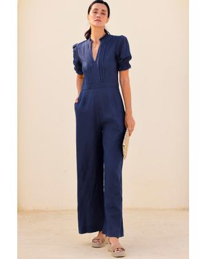 Aspiga Ladies Sustainable Tallulah Cotton Blend Short Sleeve Summer Holiday Wedding Guest Evening Jumpsuit - Blue