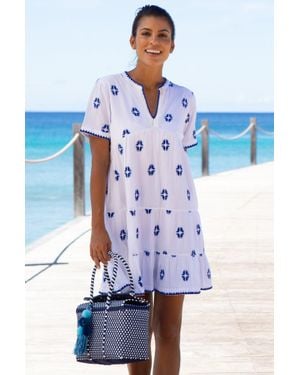 Aspiga Ladies Sustainable India Embroidered Dress Organic Cotton Short Sleeve Beach Cover Up Mini Summer Holiday Embroidery - Blue