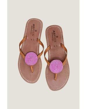 Aspiga Ladies Sustainable Beaded Handmade Sandals Leather And Glass Summer Holiday - Pink