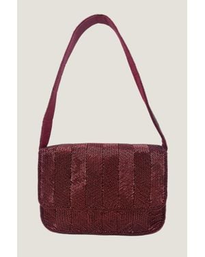 Aspiga Ladies Sustainable Beaded Crossbody Shoulder Bag Jute Stripe Burgandy - Red