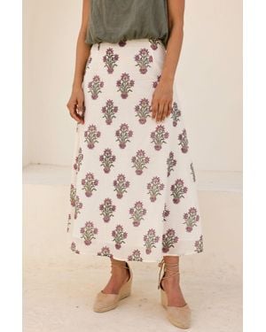 Aspiga Ladies Sustainable Neve Organic Cotton Block Print Summer Wedding Guest Evening Skirt Floral Printed Cream - Natural