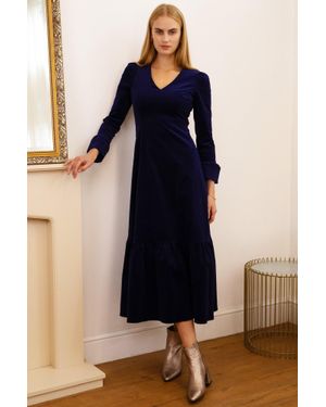 Aspiga Ladies Sustainable Victoria V-Neck Long Sleeve Stretch Cotton Winter Wedding Guest Evening Corduroy Dress Atlantic - Blue