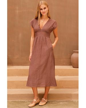 Aspiga Sustainable V-Neck Dress Summer Occasion 100% Linen - Brown
