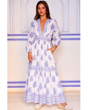 Aspiga Sustainable Pippa Long Sleeve Block Print Cotton Summer Wedding Guest Evening Dress Floral Printed - White