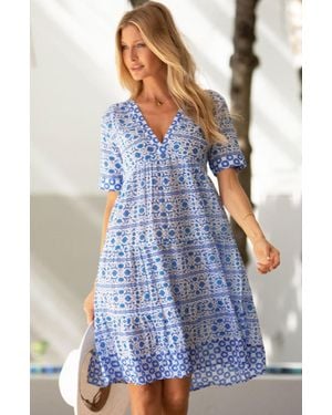 Aspiga Sustainable Santorini Cotton Dress Summer Holiday Printed Beach Cover Up - Blue
