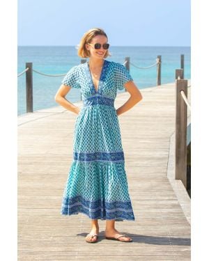 Aspiga Ladies Sustainable Pippa Short Sleeve Organic Cotton Block Print Dress Buti - Blue