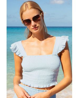 Aspiga Sustainable Bryony Cheesecloth Smocked Top Summer Holiday 100% Organic Cotton Top - Blue