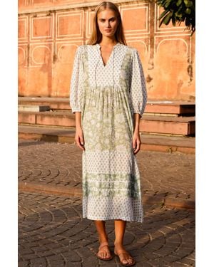 Aspiga Ladies Sustainable Martha Organic Cotton Sage Print Mix Midi Long Sleeve Summer Dress - Multicolor