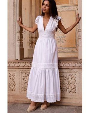 Aspiga Ladies Sustainable Broderie Pippa V Neck Cotton Summer Evening Dress - Brown