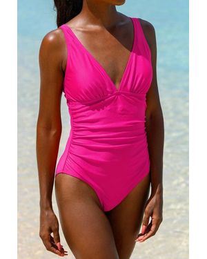 Aspiga Ladies Sustainable Recycled Nylon Ruched V-Neck Swimsuit Adjustable Straps - Pink