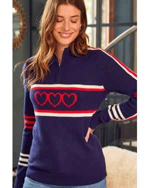 Aspiga Ladies Sustainable Quarter Zip Sweater Merino Wool Stripe Hearts Cream - Blue