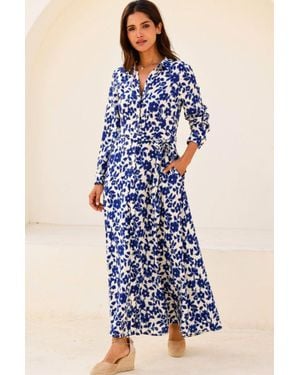 Aspiga Sustainable Eliza Ecovero Viscose Summer Wedding Guest Evening Shirt Dress Floral Print - Blue