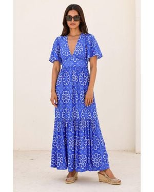 Aspiga Sustainable Sylvie Ecovero Viscose Summer Holiday Wedding Guest Evening Dress Floral Printed - Blue