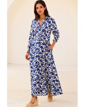 Aspiga Sustainable Eliza Ecovero Viscose Summer Wedding Guest Evening Shirt Dress Floral Print - Blue