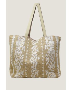 Aspiga Ladies Sustainable Paros Jute Tote Bag Leather Strap Summer Beach Holiday Floral Embroider Natural