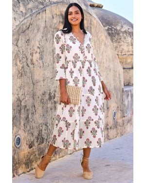 Aspiga Ladies Sustainable Hayden Organic Cotton Block Print Summer Wedding Guest Evening Dress Floral Printed Cream - Green