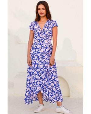 Aspiga Sustainable Demi Ecovero Viscose Wrap Summer Wedding Guest Evening Dress Floral Printed Cobalt - Blue
