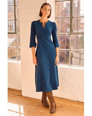 Aspiga Ladies Sustainable Jocelyn V-Neck 3/4 Sleeve Corduroy Organic Cotton Dress - Blue