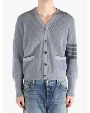 Thom Browne Tonal Bar Stripe V Neck Cardigan - Gray