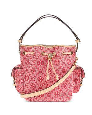Tory Burch T Monogram Denim Bucket Bag With Pockets - Pink