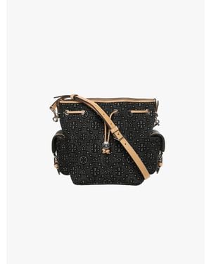 Tory Burch Pockets T Monogram Denim Bucket Bag - Black