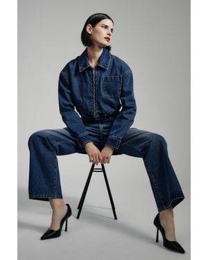 Bardot Cropped Bomber Denim Jacket - Blue