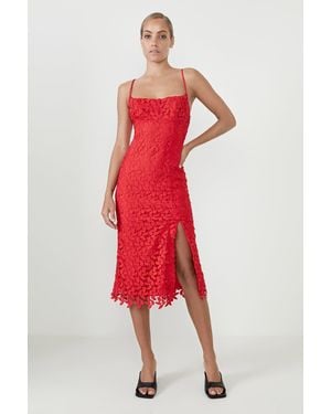 Bardot Ariel Leaf Lace Midi Dress - Red