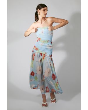 sachin and babi light blue dress Bardot Lea Floral Print Mesh Crew Mock Neck Long Sleeve Ruched Waist Maxi  Dress