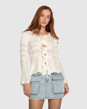 Belle & Bloom Soft Sands Ruffle Knit Cardigan - White
