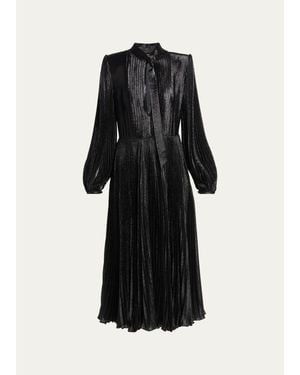 Tom Ford Soleil Metallic Silk Charmeuse Plisse Neck-Tie Midi Dress - Black