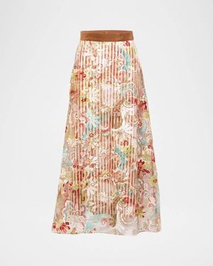 Silvia Tcherassi Nelida Floral Embroidered Layered Stripe Midi Skirt - White