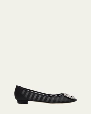 Manolo Blahnik Hangisla Striped Organza Jewel-Buckle Flats - White