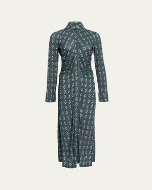 Altuzarra Claudia Diamond-Print Long-Sleeve Ruched Midi Shirtdress - Blue
